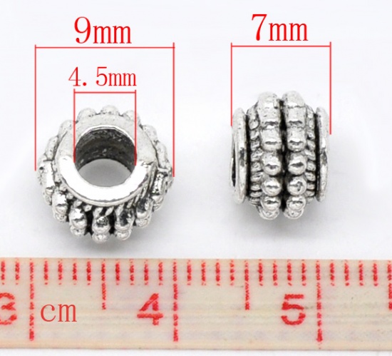 Picture of Zinc Metal Alloy European Style Large Hole Charm Beads Oval Antique Silver Dot Pattern About 9mm x 7mm, Hole: Approx 4.5mm, 50 PCs