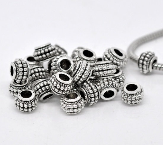 Picture of Zinc Metal Alloy European Style Large Hole Charm Beads Oval Antique Silver Dot Pattern About 9mm x 7mm, Hole: Approx 4.5mm, 50 PCs