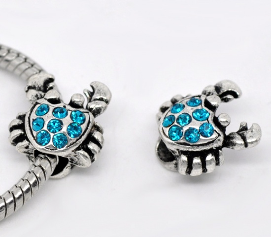 Picture of Ocean Jewelry Zinc Based Alloy European Style Large Hole Charm Beads Crab Antique Silver Aqua Blue Rhinestone 13x13mm, 10 PCs