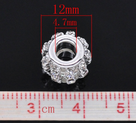 Picture of Copper European Style Large Hole Charm Beads Round Silver Plated Clear Rhinestone Hollow About 12mm x 11mm, Hole: Approx 4.7mm, 10 PCs