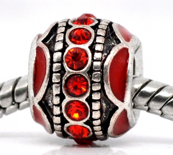 Picture of Zinc Metal Alloy European Style Large Hole Charm Beads Round Antique Silver Red Enamel Red Rhinestone About 12mm x 9mm, Hole: Approx 4.8mm, 10 PCs