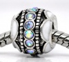 Picture of Zinc Metal Alloy European Style Large Hole Charm Beads Round Antique Silver White & Black Enamel Clear AB Color Rhinestone About 12mm x 9mm, Hole: Approx 4.8mm, 10 PCs