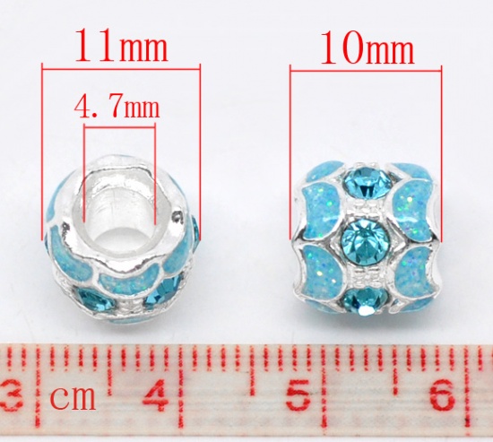 Picture of Zinc Metal Alloy European Style Large Hole Charm Beads Round Silver Plated Aqua Blue Enamel Aqua Blue Rhinestone About 11mm x 10mm, Hole: Approx 4.7mm, 10 PCs