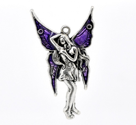 Zinc Based Alloy Halloween Charms Angel Antique Silver Color Purple Fairy Enamel 48mm(1 7/8") x 27mm(1 1/8"), 10 PCs