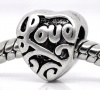 Bild von Zinklegierung European Stil Charm Großlochperlen Herz Antik Silber Message "Love" Geschnitzt etwa 10mm x 9mm, Loch:Ca 4.5mm, 20 Stücke