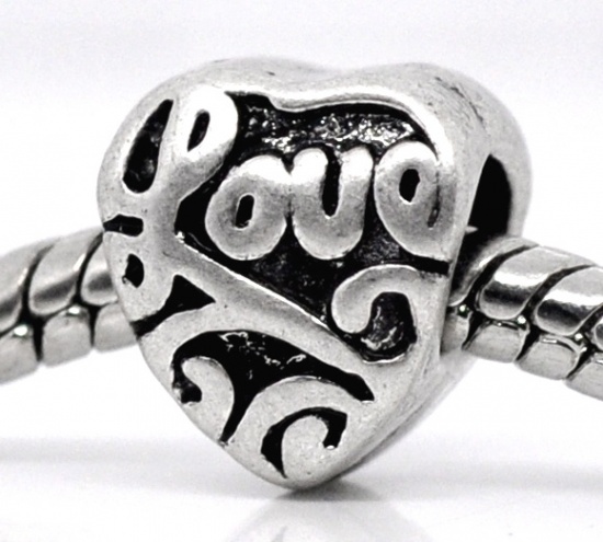 Picture of Zinc Metal Alloy European Style Large Hole Charm Beads Heart Antique Silver Message "Love" Carved About 10mm x 9mm, Hole: Approx 4.5mm, 20 PCs
