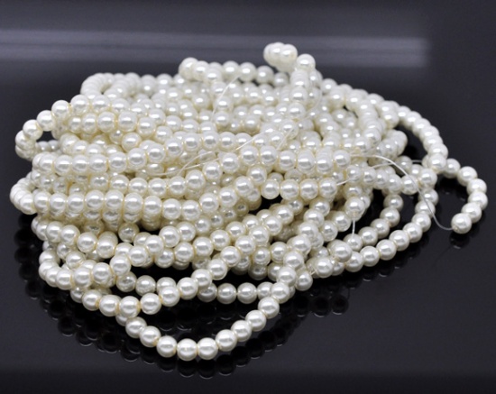 Picture of Glass Pearl Imitation Beads Round Ivory About 6mm Dia, Hole: Approx 1mm, 82cm long, 5 Strands (Approx 145 PCs/Strand)