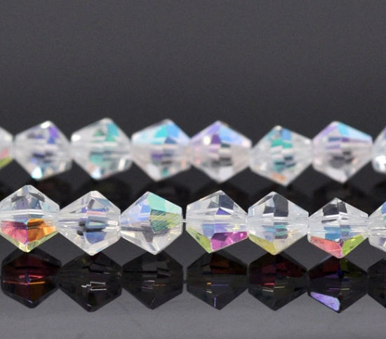 Picture of Glass Loose Beads Bicone White AB Rainbow Color Aurora Borealis Transparent Faceted About 6mm x 6mm, Hole: Approx 1mm, 30cm long, 2 Strands (Approx 50 PCs/Strand)