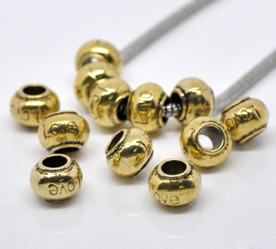 Immagine di Lega di Zinco Stile Europeo Perline Tondo Piatto Oro Antico LOVE Intagliato Circa 11.0mm x 8.0mm, Foro: Circa 5.0mm, 20 Pz