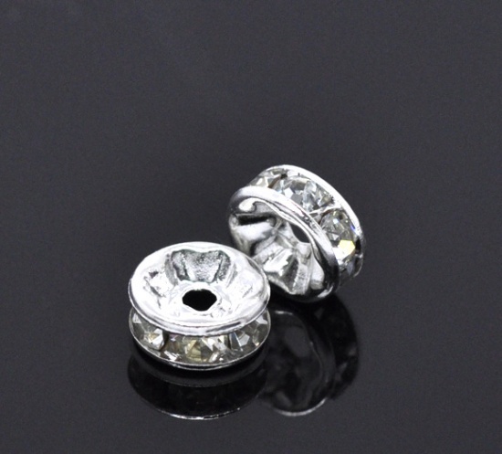 Picture of Brass Rondelle Spacer Beads Round Silver Plated Clear Rhinestone About 8mm( 3/8") Dia, Hole:Approx 1.3mm, 50 PCs                                                                                                                                              