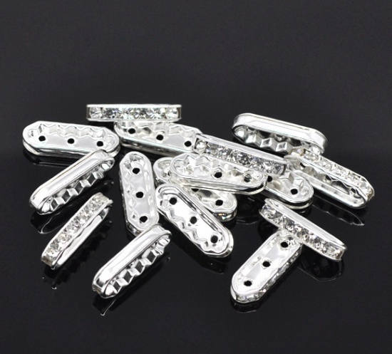Picture of Copper & Rhinestone Spacer Beads Rectangle Silver Plated White Rhinestone Rhinestone About 21mm x 7.5mm, Hole: Approx 1.3mm, 30 PCs