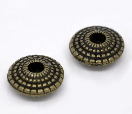 Bild von Zinklegierung Spacer Perlen Zwischenperlen Doppelkegel Rund Bronzefarbe Punkt Geschnitzt ca. 8mm D., Loch:ca. 1.9mm, 70 Stück