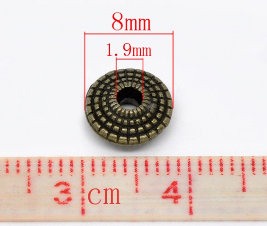 Bild von Zinklegierung Spacer Perlen Zwischenperlen Doppelkegel Rund Bronzefarbe Punkt Geschnitzt ca. 8mm D., Loch:ca. 1.9mm, 70 Stück