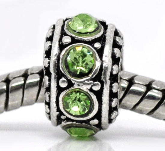 Immagine di Lega di Zinco & Strass Stile Europeo Fascino Stile Europeo Perline Tondo Con Strass Verde Strass Circa 10mm Dia, Foro: Circa 4.7mm, 10 Pz