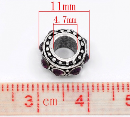 Picture of Zinc Metal Alloy European Style Large Hole Charm Beads Round Antique Silver Color Purple Rhinestone About 11mm x 11mm, Hole: Approx 4.7mm, 10 PCs