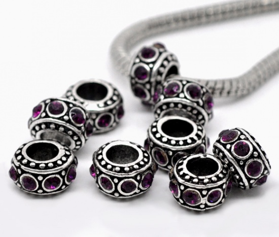 Picture of Zinc Metal Alloy European Style Large Hole Charm Beads Round Antique Silver Color Purple Rhinestone About 11mm x 11mm, Hole: Approx 4.7mm, 10 PCs