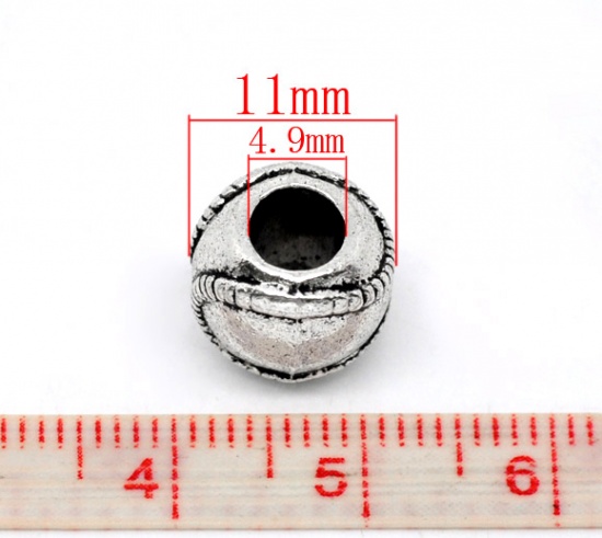 Picture of Zinc Metal Alloy European Style Large Hole Charm Beads Baseball Antique Silver Color About 11mm x 9mm, Hole: Approx 4.9mm, 20 PCs