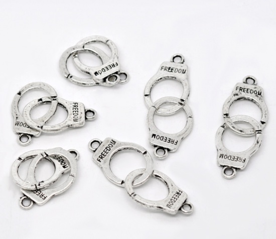 Picture of Antique Silver "Freedom" Handcuffs Charm Pendants / Connectors 42x15mm, sold per packet of 20