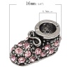 Picture of Zinc Based Alloy European Style Large Hole Charm Beads Shoes Antique Silver Pink Rhinestone About 17mm x9mm, Hole: Approx 4.7mm, 5 PCs