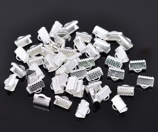 Picture of Iron Based Alloy Necklace Cord End Caps Ribbon Crimp Findings Silver Plated 10mmx8mm, 200 PCs