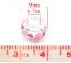 Picture of Zinc Metal Alloy European Style Large Hole Charm Beads Round Silver Plated Pink Rhinestone Pink Enamel 9x8mm, 10 PCs