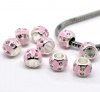 Picture of Zinc Metal Alloy European Style Large Hole Charm Beads Round Silver Plated Pink Rhinestone Pink Enamel 9x8mm, 10 PCs