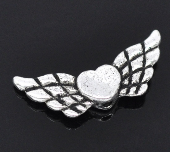 Bild von Zinklegierung Zwischenperlen Spacer Perlen Herz Engel Flügel Antiksilber 22x9mm, Loch:ca. 1mm.Verkauft eine Packung mit 50 Stücke