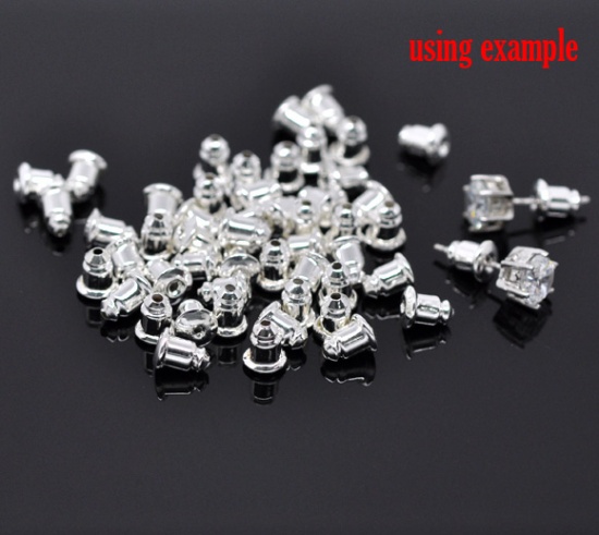 Picture of Brass Ear Nuts Post Stopper Earring Findings Bullet Silver Plated 6mm( 2/8") x 5mm( 2/8"), 300 PCs                                                                                                                                                            