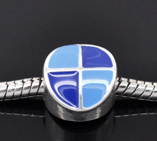 Picture of Zinc Metal Alloy European Style Large Hole Charm Beads Flat Round Silver Plated Blue Enamel 11x12mm, 20 PCs
