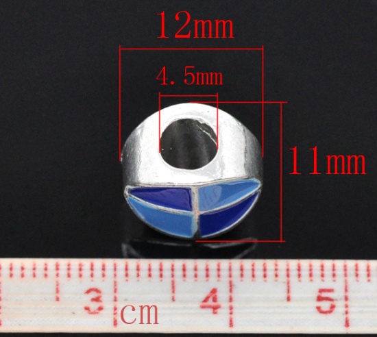 Picture of Zinc Metal Alloy European Style Large Hole Charm Beads Flat Round Silver Plated Blue Enamel 11x12mm, 20 PCs