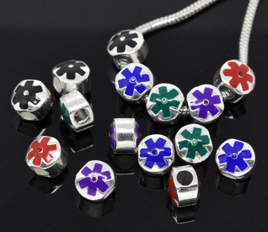 Picture of Zinc Metal Alloy European Style Large Hole Charm Beads Flower Silver Plated Mixed Enamel Mixed Rhinestone 10x12mm, 20 PCs