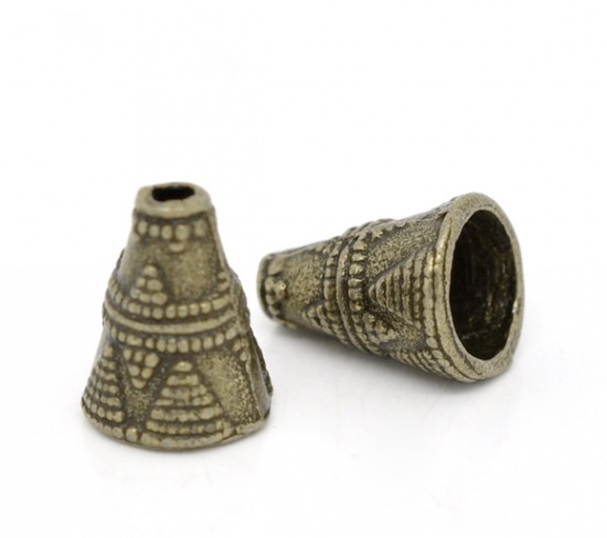 Picture of Zinc Based Alloy Spacer Beads Cone Antique Bronze Carved About 11mm x 9mm, Hole:Approx 2mm, 60 PCs