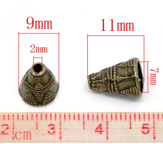 Picture of Zinc Based Alloy Spacer Beads Cone Antique Bronze Carved About 11mm x 9mm, Hole:Approx 2mm, 60 PCs