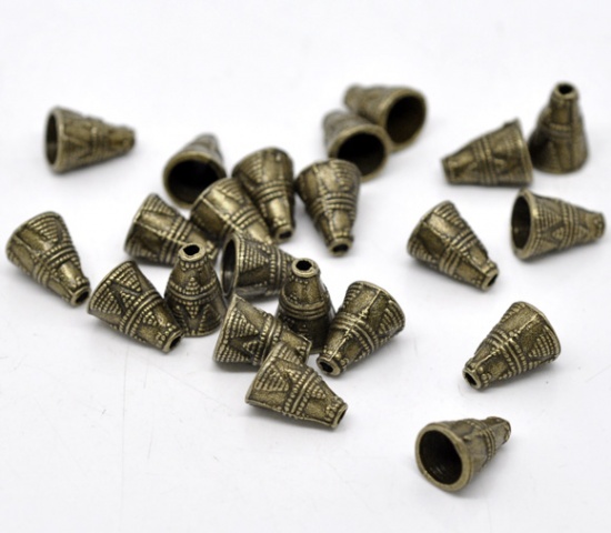 Picture of Zinc Based Alloy Spacer Beads Cone Antique Bronze Carved About 11mm x 9mm, Hole:Approx 2mm, 60 PCs