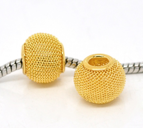 Picture of Alloy European Style Large Hole Charm Beads Round Gold Plated Mesh Hollow 14x12mm, 20 PCs