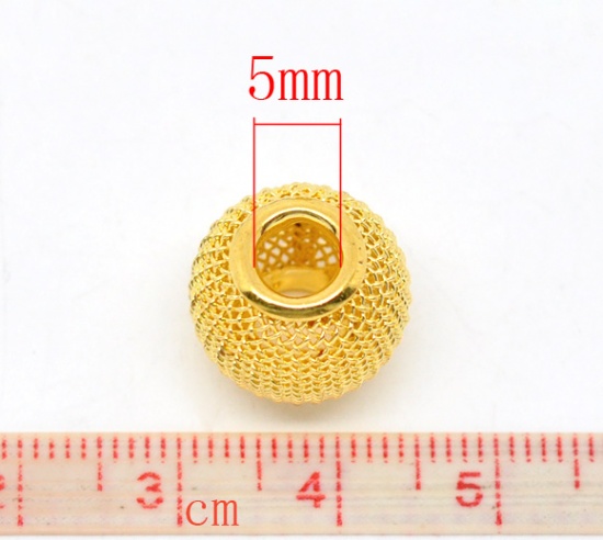 Picture of Alloy European Style Large Hole Charm Beads Round Gold Plated Mesh Hollow 14x12mm, 20 PCs