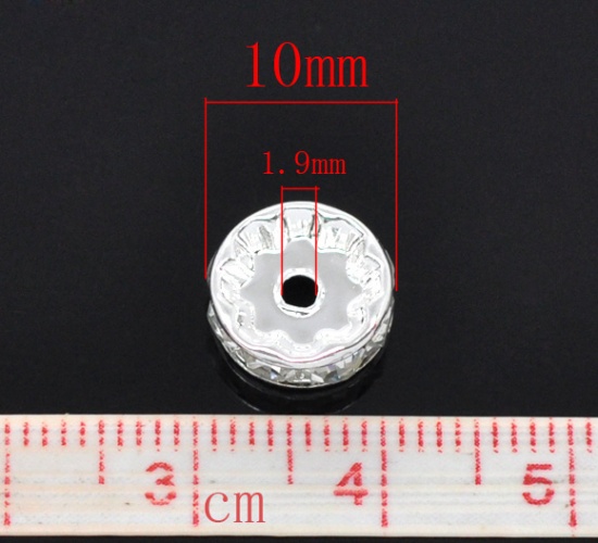 Picture of Brass Rondelle Spacer Beads Round Silver Plated Clear Rhinestone About 10mm( 3/8") Dia, Hole:Approx 1.9mm, 50 PCs                                                                                                                                             