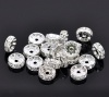 Picture of Copper Rondelle Spacer Beads Round Silver Plated Clear Rhinestone About 10mm( 3/8") Dia, Hole:Approx 1.9mm, 50 PCs