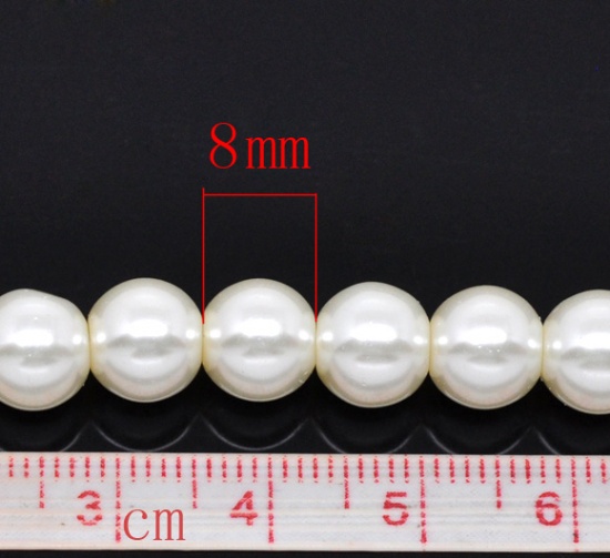 Picture of Glass Pearl Imitation Beads Round Ivory About 8mm Dia, Hole: Approx 1mm, 82cm long, 5 Strands (Approx 110 PCs/Strand)