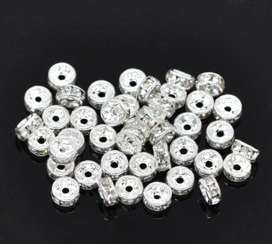 Picture of Brass Rondelle Spacer Beads Round Silver Plated Clear Rhinestone About 4mm( 1/8") Dia, Hole:Approx 1.2mm, 50 PCs                                                                                                                                              