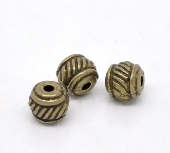 Picture of Zinc Based Alloy Spacer Beads Drum Antique Bronze Stripe Carved About 6mm x 5mm, Hole:Approx 1.2mm, 100 PCs