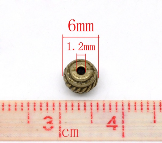 Picture of Zinc Based Alloy Spacer Beads Drum Antique Bronze Stripe Carved About 6mm x 5mm, Hole:Approx 1.2mm, 100 PCs