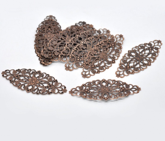 Picture of Filigree Stamping Embellishments Findings Oval Antique Copper Flower Hollow Pattern 8cm(3 1/8") x 3.5cm(1 3/8"), 30 PCs