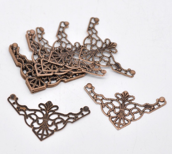 Picture of Filigree Stamping Embellishments Findings Triangle Antique Copper Flower Hollow Pattern 48mm(1 7/8") x 26mm(1"), 50 PCs