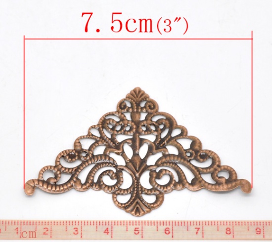 Picture of Filigree Stamping Embellishments Findings Triangle Antique Copper Flower Hollow Pattern 7.5cm(3") x 4.8cm(1 7/8"), 30 PCs