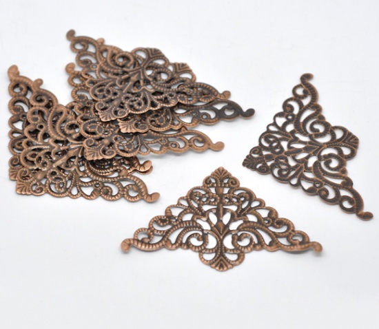 Picture of Filigree Stamping Embellishments Findings Triangle Antique Copper Flower Hollow Pattern 7.5cm(3") x 4.8cm(1 7/8"), 30 PCs