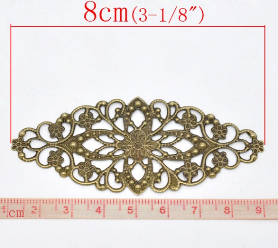 Picture of Filigree Stamping Embellishments Findings Oval Antique Bronze Flower Hollow Pattern 8cm(3 1/8") x 3.5cm(1 3/8"), 30 PCs