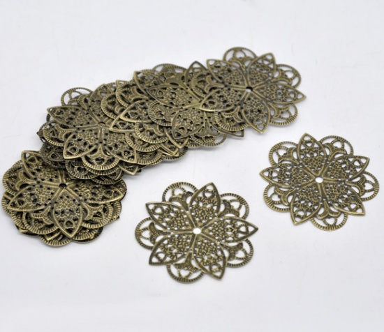 Picture of Iron Based Alloy Connectors Flower Antique Bronze Filigree Color Plated 4.6cm x 4.6cm, 50 PCs