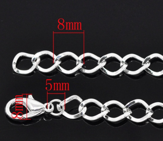 Picture of Zinc Metal Alloy Lobster Clasp Link Curb Chain Bracelets Silver Plated 20cm(7 7/8") long, 12 PCs