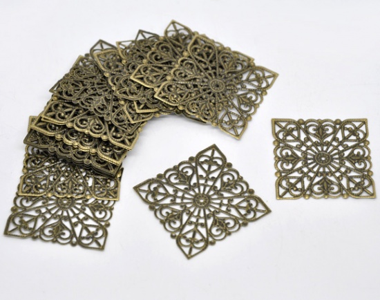Picture of Iron Based Alloy Filigree Stamping Embellishments Findings Square Antique Bronze 4cm(1 5/8") x 4cm(1 5/8"), 50 PCs
